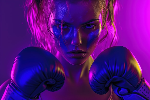 Foto gratuita vista de una mujer con guantes de boxeo púrpura para la celebración del día de la mujer