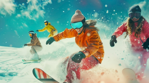 Foto gratuita vista de una mujer haciendo snowboard con tonos pastel y un paisaje de ensueño