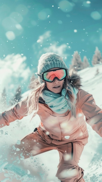 Foto gratuita vista de una mujer haciendo snowboard con tonos pastel y un paisaje de ensueño