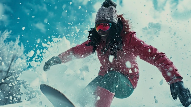 Foto gratuita vista de una mujer haciendo snowboard con tonos pastel y un paisaje de ensueño