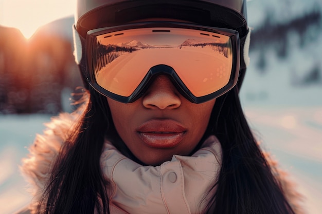 Foto gratuita vista de una mujer haciendo snowboard con tonos pastel y un paisaje de ensueño