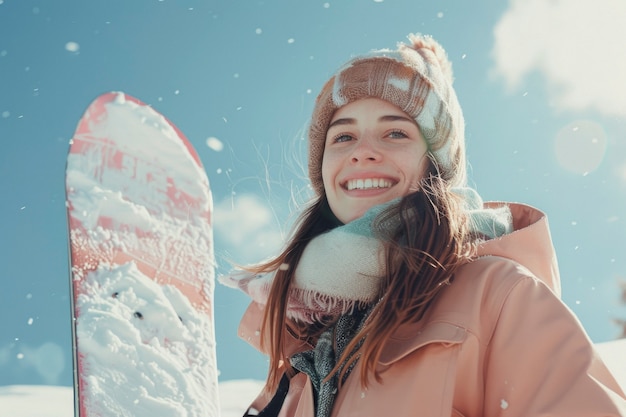 Foto gratuita vista de una mujer haciendo snowboard con tonos pastel y un paisaje de ensueño