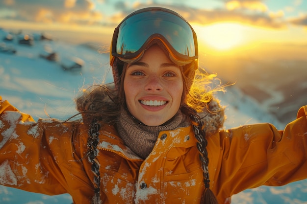 Vista de una mujer haciendo snowboard con tonos pastel y un paisaje de ensueño