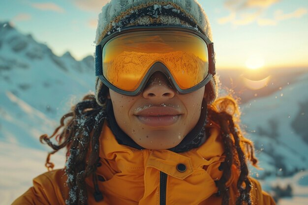 Vista de una mujer haciendo snowboard con tonos pastel y un paisaje de ensueño