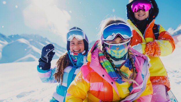 Vista de una mujer haciendo snowboard con tonos pastel y un paisaje de ensueño