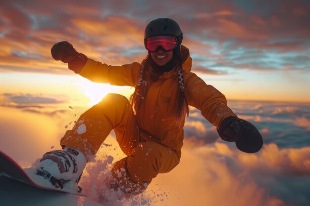 Vista de una mujer haciendo snowboard con tonos pastel y un paisaje de ensueño