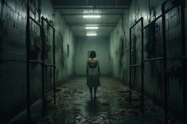 Vista de una mujer misteriosa en un pasillo mojado