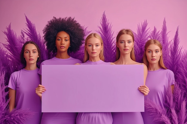 Vista de una mujer sosteniendo un cartel púrpura en blanco para la celebración del día de la mujer