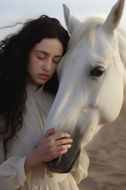 Foto gratuita vista de una mujer con su caballo al aire libre