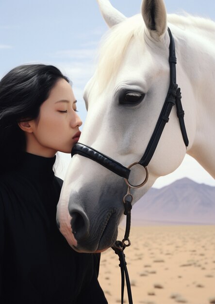 Vista de una mujer con su caballo al aire libre