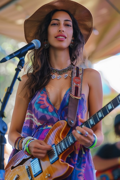 Foto gratuita vista de una mujer tocando un instrumento de guitarra eléctrica