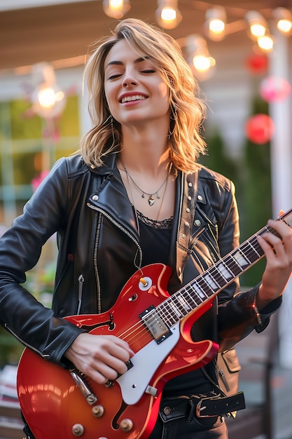 Foto gratuita vista de una mujer tocando un instrumento de guitarra eléctrica