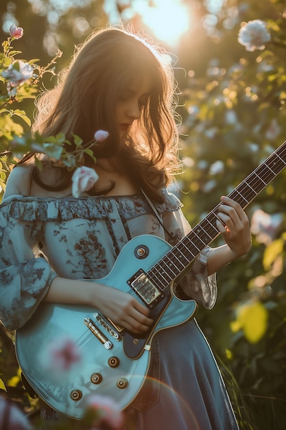 Vista de una mujer tocando un instrumento de guitarra eléctrica