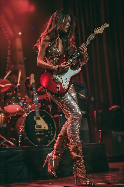 Vista de una mujer tocando un instrumento de guitarra eléctrica