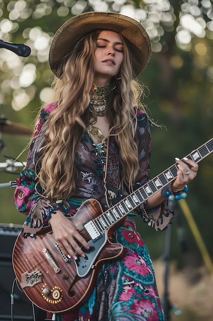 Foto gratuita vista de una mujer tocando un instrumento de guitarra eléctrica