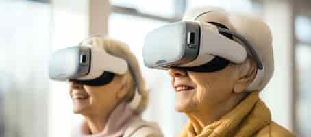 Foto gratuita vista de mujeres jubiladas con máscara de realidad virtual generada por la ia