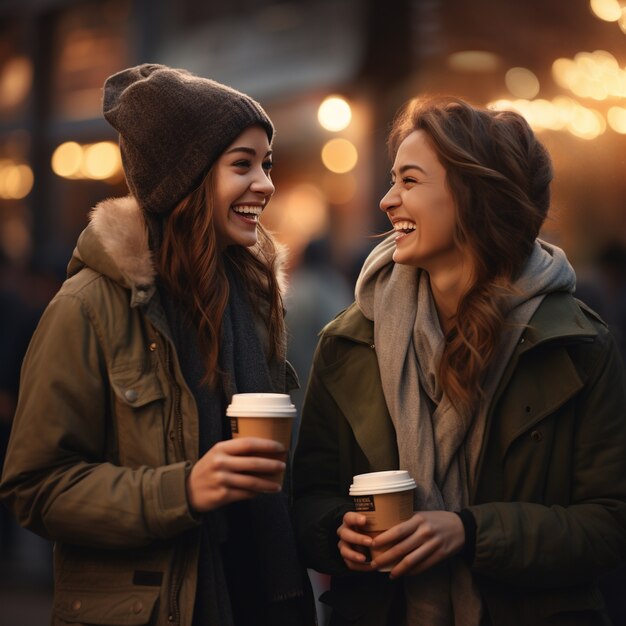 vista, de, mujeres, tenencia, tazas de café, y, sonriente