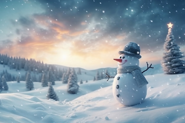 Vista del muñeco de nieve con paisaje de invierno y nieve