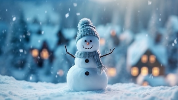 Vista del muñeco de nieve con paisaje de invierno y nieve