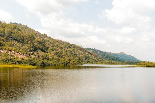 Vista de la naturaleza africana con lago y vegetación.