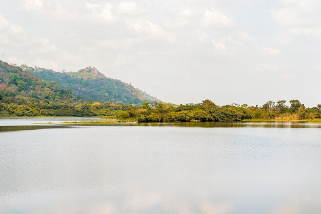 Vista de la naturaleza africana con vegetación y lago.