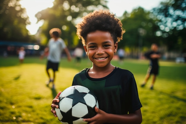 Vista de niño con balón de fútbol.