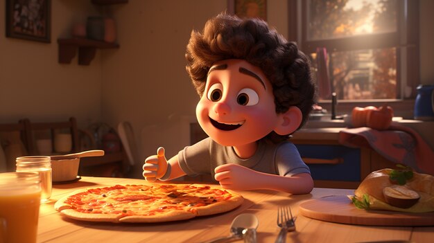 Vista de un niño de dibujos animados con una deliciosa pizza en 3D