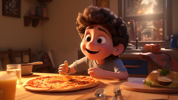 Vista de un niño de dibujos animados con una deliciosa pizza en 3D