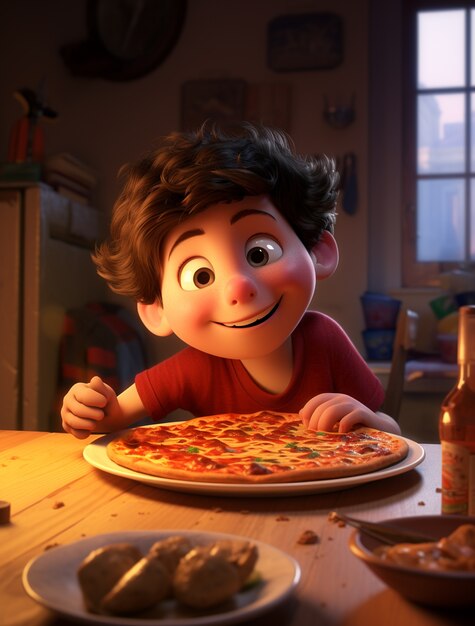 Vista de un niño de dibujos animados con una deliciosa pizza en 3D