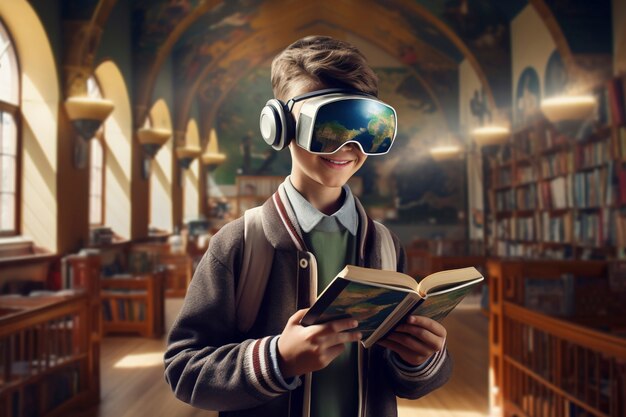 Vista de un niño estudiante con gafas vr