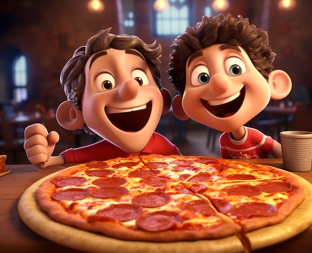 Foto gratuita vista de niños de dibujos animados disfrutando de una deliciosa pizza en 3d