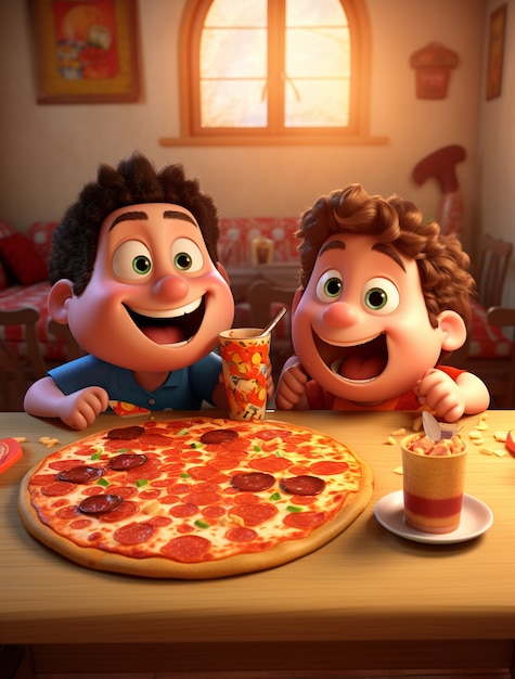 Vista de niños de dibujos animados disfrutando de una deliciosa pizza en 3D
