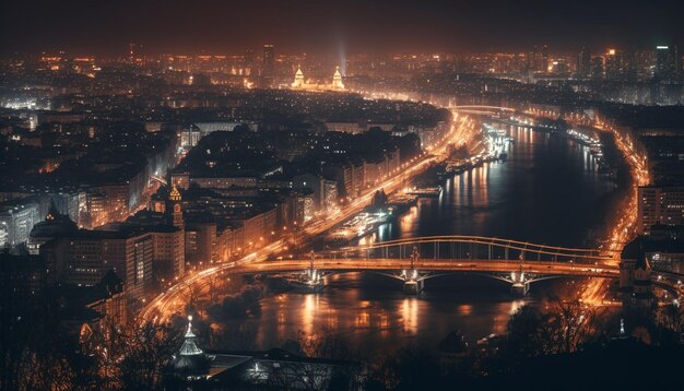 Una vista nocturna de una ciudad con un puente y luces.