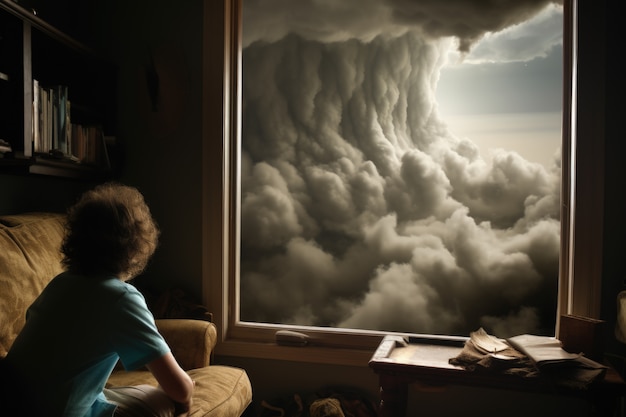 Vista de nubes en estilo oscuro a través de la ventana de la casa