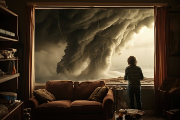 Vista de nubes en estilo oscuro a través de la ventana de la casa