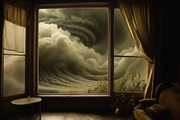 Vista de nubes en estilo oscuro a través de la ventana de la casa
