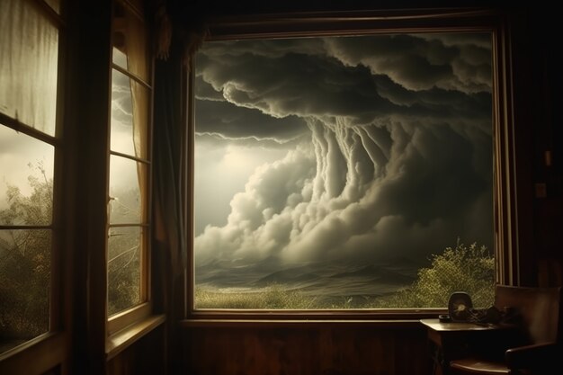 Vista de nubes en estilo oscuro a través de la ventana de la casa