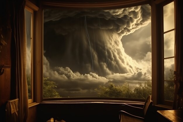 Vista de nubes en estilo oscuro a través de la ventana de la casa