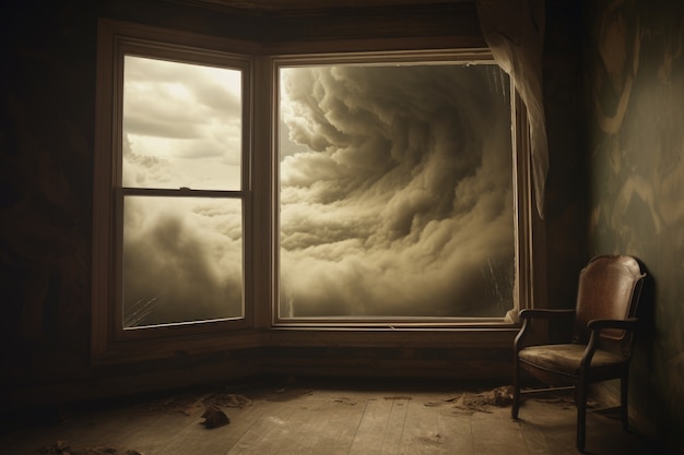 Vista de nubes en estilo oscuro a través de la ventana de la casa