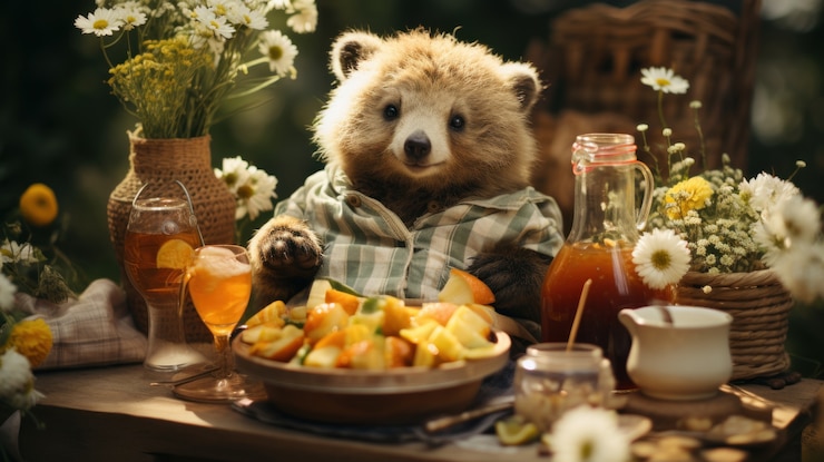 Foto gratuito vista del oso gracioso con comida