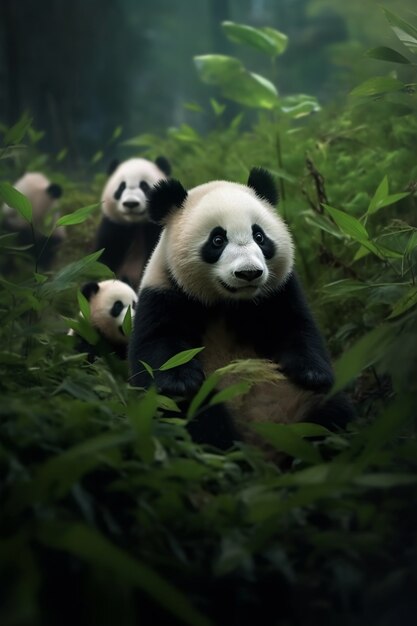 Vista del oso panda con cachorros en la naturaleza