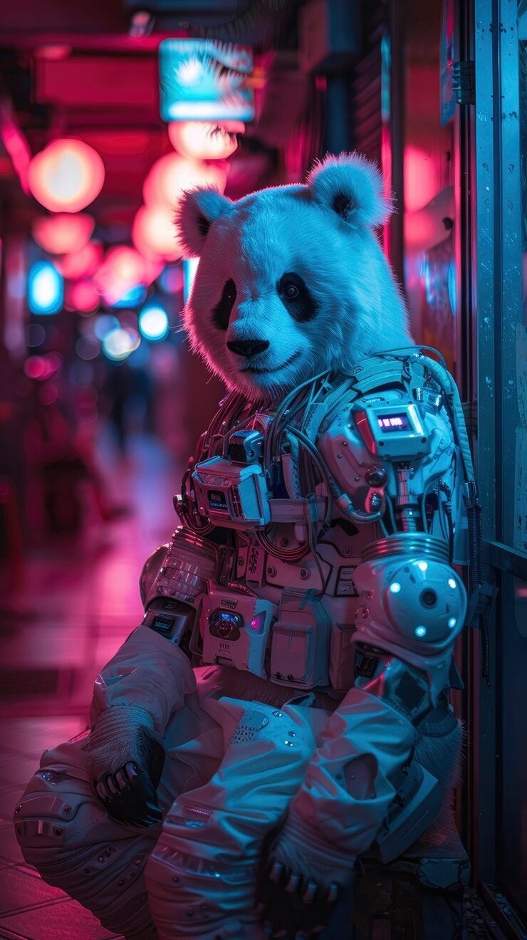 Foto gratuito vista del oso panda con partes de tecnología robótica