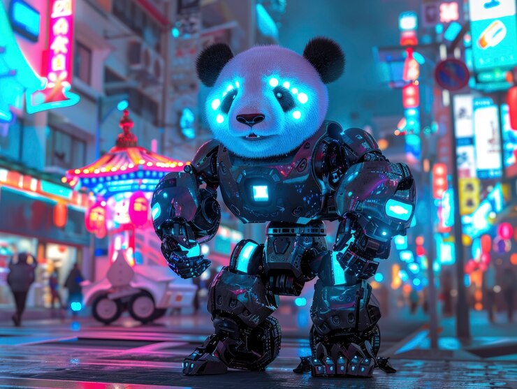 Foto gratuito vista del oso panda con partes de tecnología robótica