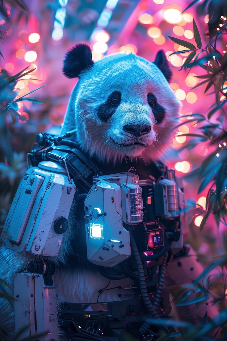 Foto gratuito vista del oso panda con partes de tecnología robótica