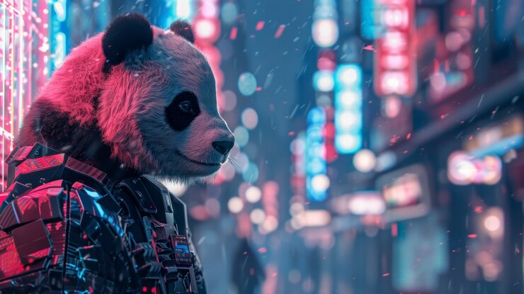 Foto gratuito vista del oso panda con partes de tecnología robótica