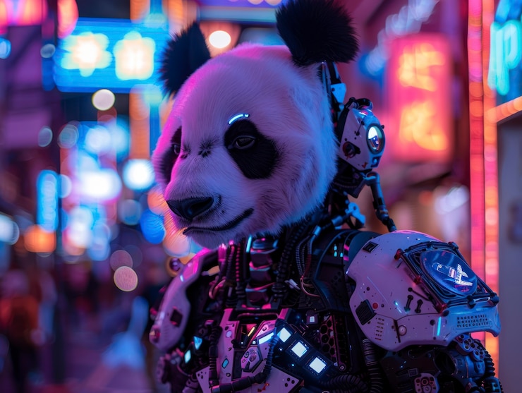 Foto gratuito vista del oso panda con partes de tecnología robótica