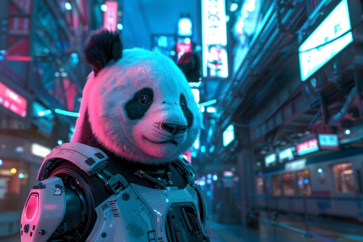 Foto gratuito vista del oso panda con partes de tecnología robótica