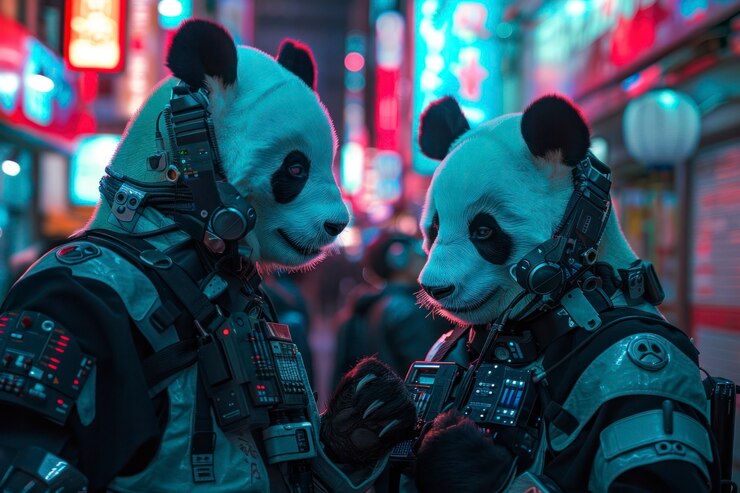 Foto gratuito vista del oso panda con partes de tecnología robótica