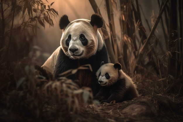 Vista del oso panda con un pequeño cachorro en la naturaleza