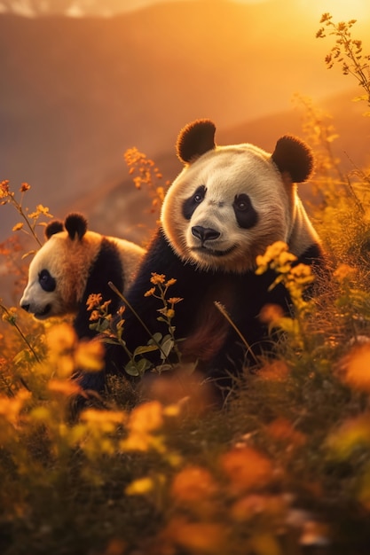 Vista del oso panda con un pequeño cachorro en la naturaleza